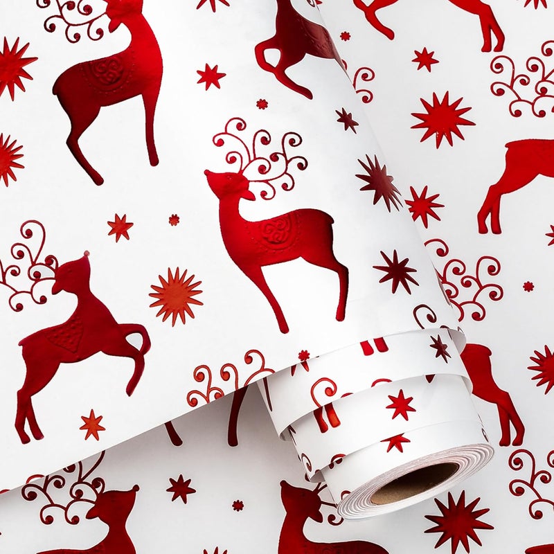Yarcony Kraft Christmas Wrapping Paper, Cute Vintage 3D Reindeer Wrapping Paper, Luxury Red Christmas Deer Design Gift Wrap with 3D Embossed Foil for New Year, Holiday,Vacation (17 Inch X 33 Feet) - Image 1